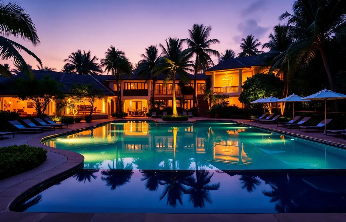 Vismaya Spa & Resort pool at dusk